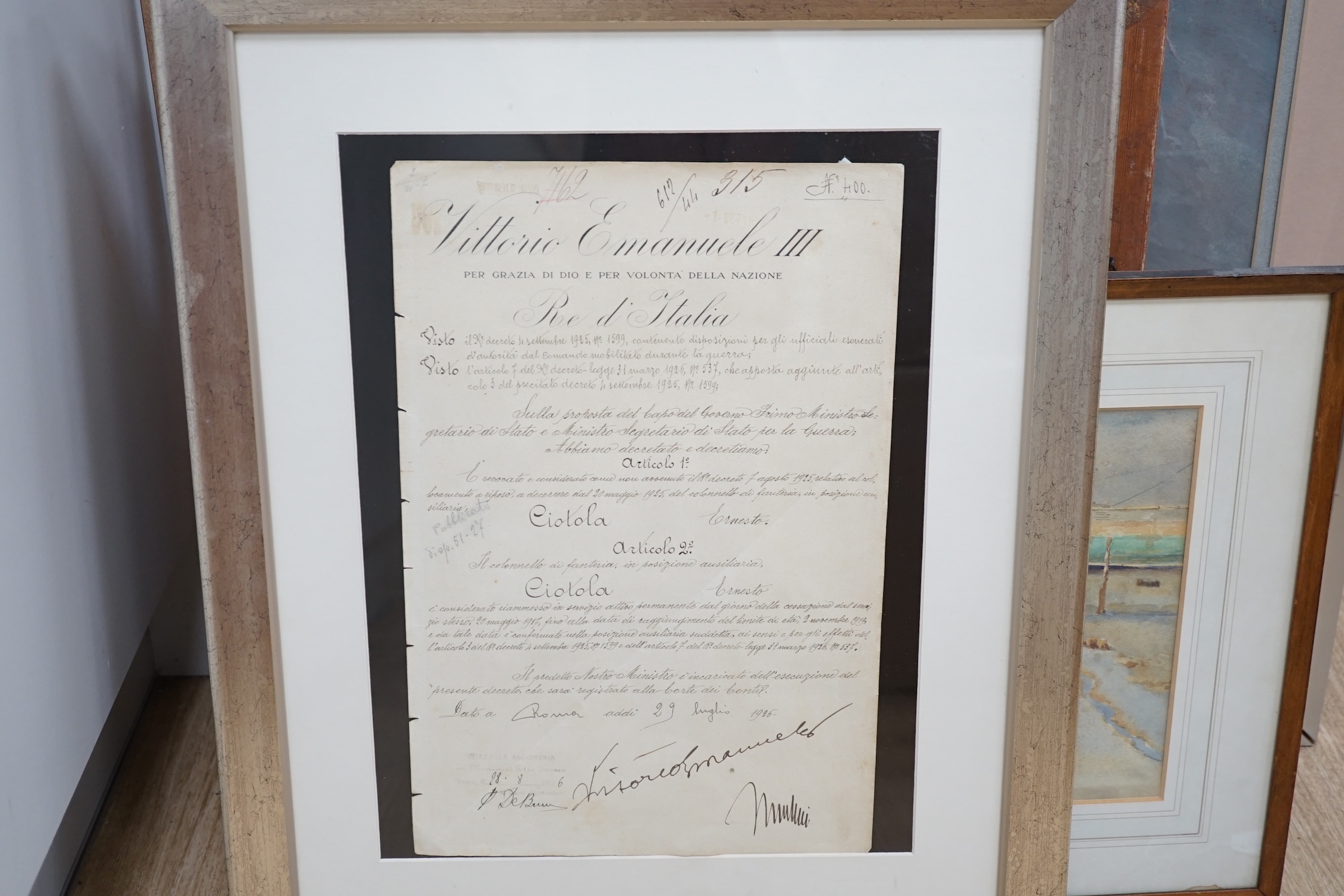 Victor Emmanuele III (1869-1947) and Benito Mussolini (1883-1945) interest, an official handwritten document in a number of hands, signed by both men, dated 29 August 1926, leaf 38 x 25cm